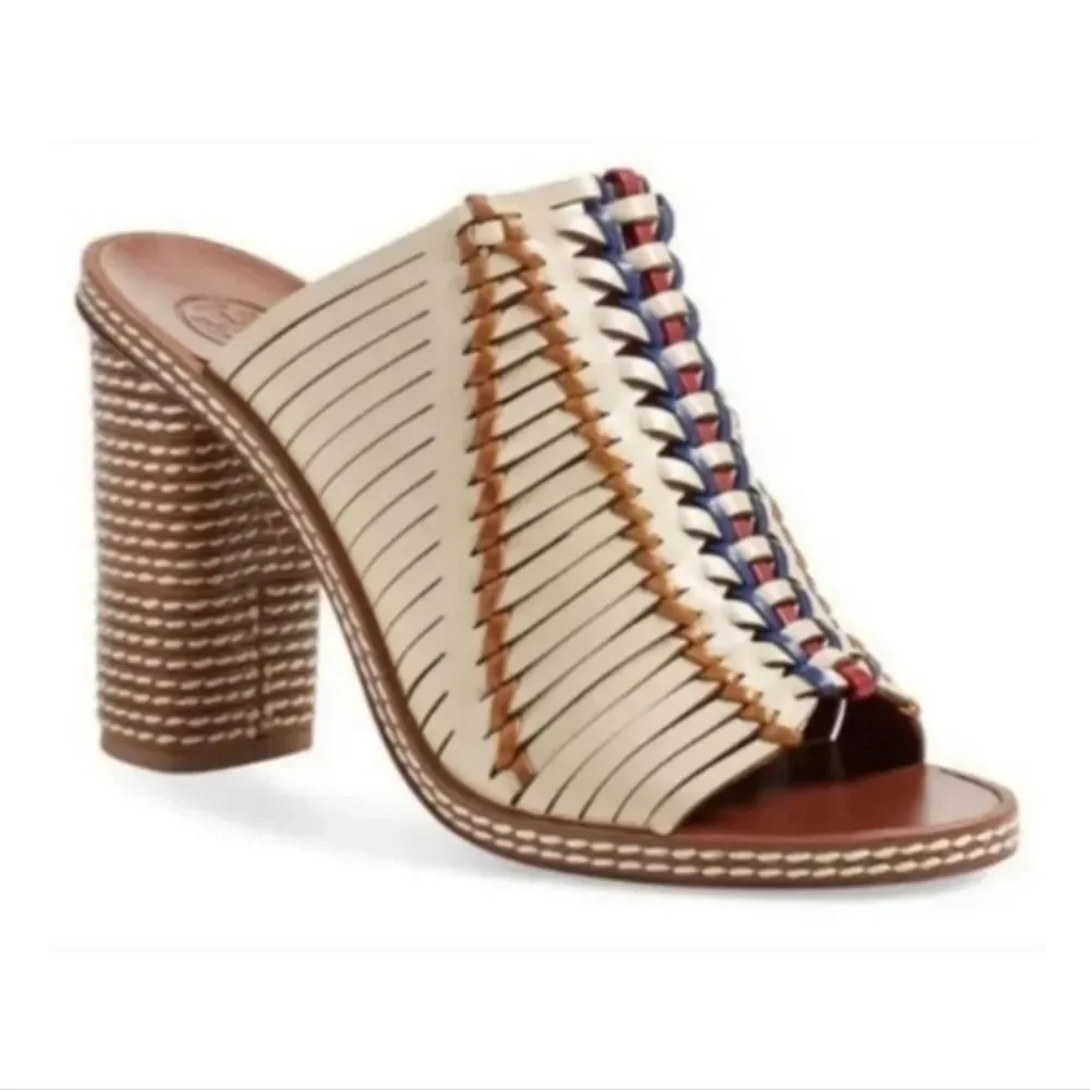 Tory Burch Pecha Woven Leather Stitched Block Heel Mules 8 LIKE NEW!